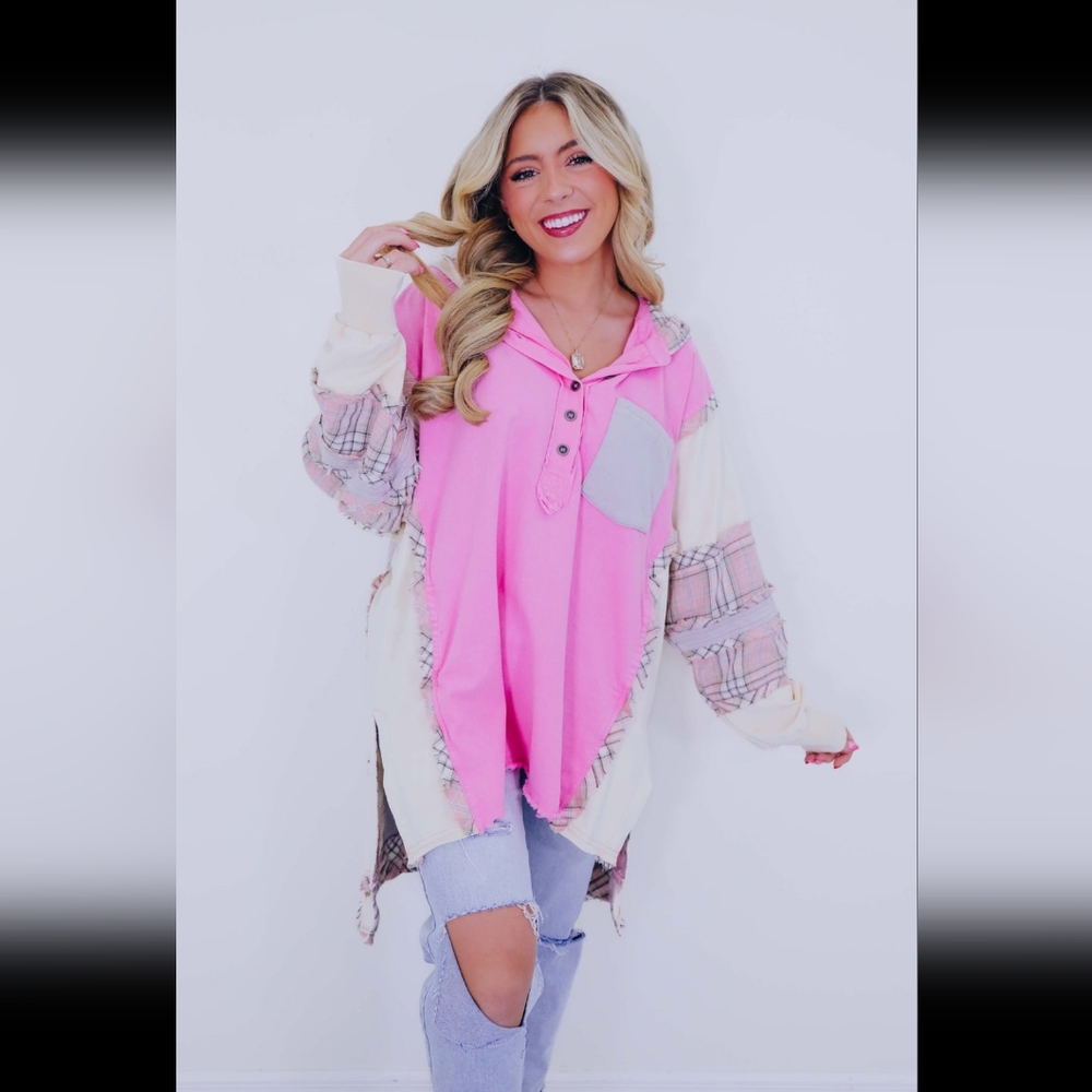 NWT Pink Plaid Pullover Hood Top Oversized Flowy Tunic Boutique Boho Small Med